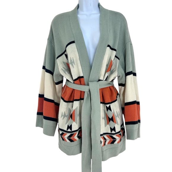 Wrangler Sweaters - Wrangler Retro Aztec Print Southwestern Belted Open Cardigan Size L